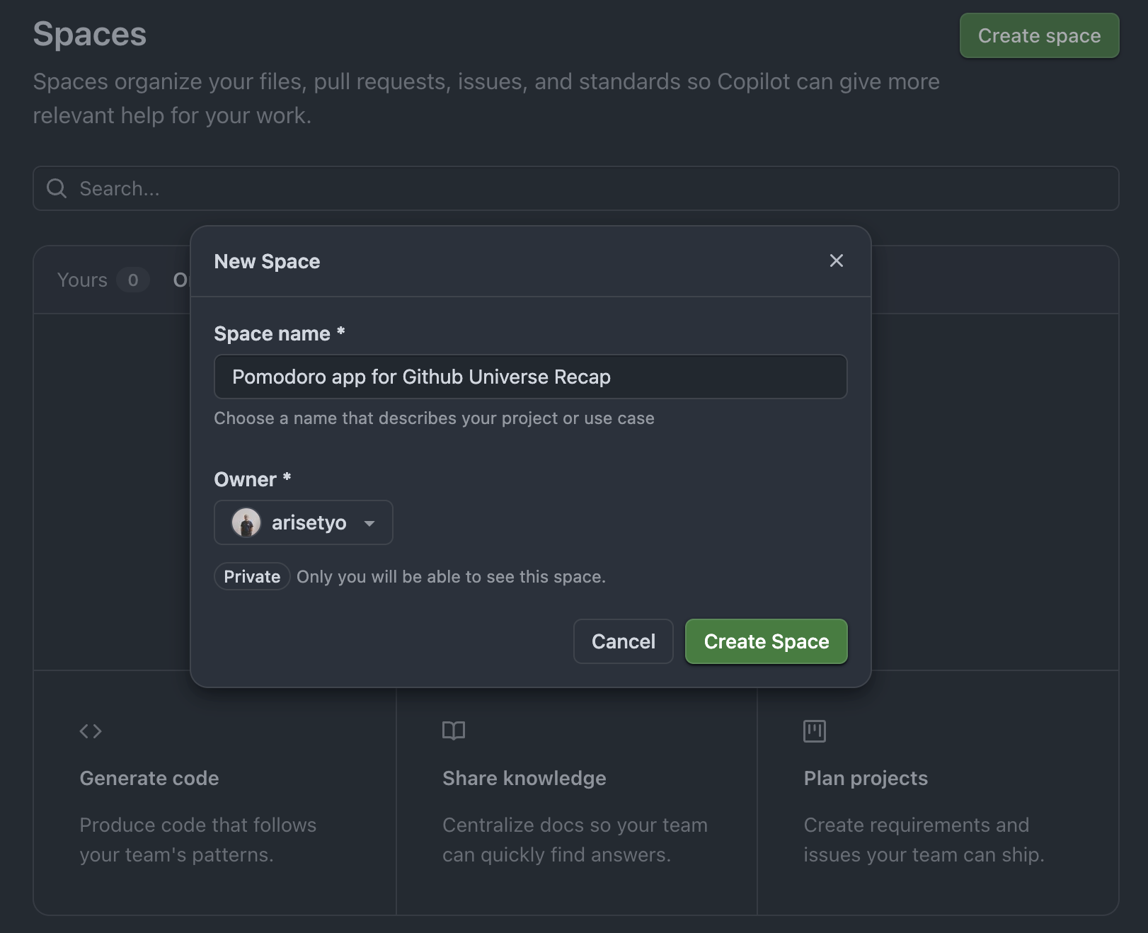 Create a new Copilot space